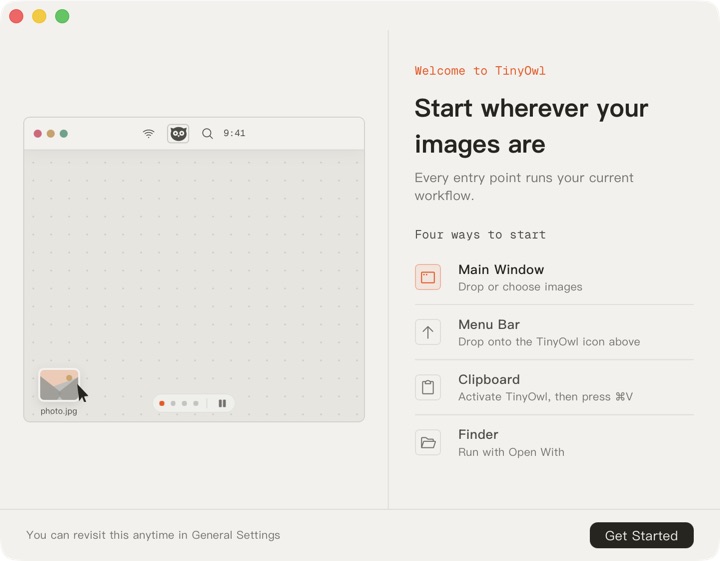 TinyOwl onboarding screen highlighting clipboard as an image entry point.